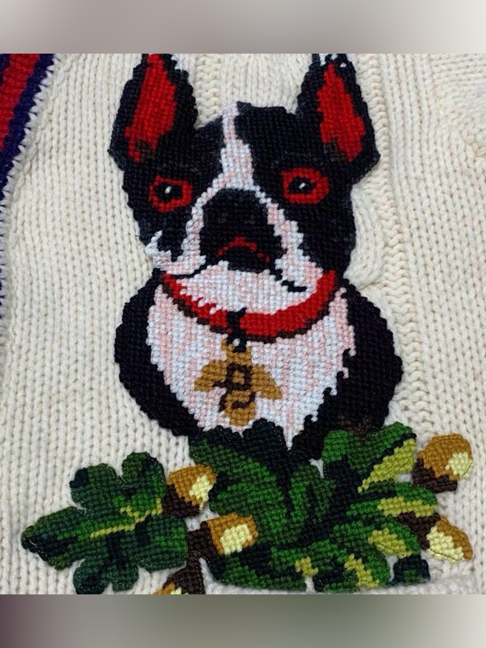 🚩steal Gucci Cream Cable-Knit Cardigan with Red & Blue Trim and Dog Motifs - Picture 4 of 7